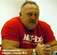 Bill Kazmaier gives tonight's Mohegan Sun Grand Prix the thumbs up, as guys get one last chance to qualify for the 2005 MET-Rx World's Strongest Man contest. IronMind® | Randall J. Strossen, Ph.D. photo.