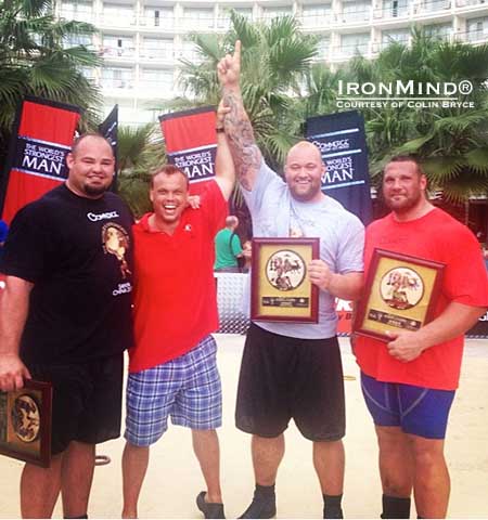 The King of Stones at the Commerce World’s Strongest Man contest (left to right): Brian Shaw, Colin Bryce, Hafthor Julius Bjornsson, Terry Hollands.   IronMind® | Photo courtesy of Colin Bryce.   