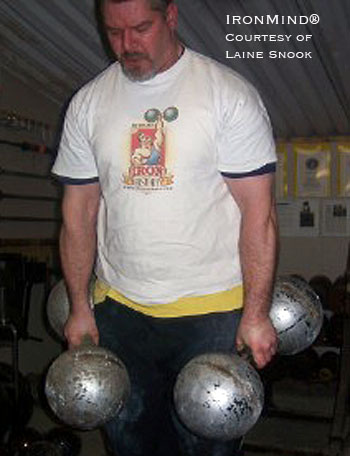 Most grip guys would be proud to deadlift a replica Inch dumbbell, but that's mere child's play for Laine Snook who, earlier today, deadlifted a pair of Millennium Dumbbells. IronMind® | Photo courtesy of Laine Snook. Most grip guys would be proud to deadlift a replica Inch dumbbell, but that's mere child's play for Laine Snook who, earlier today, deadlifted a pair of Millennium Dumbbells. IronMind® | Photo courtesy of Laine Snook.
