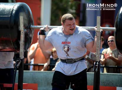 Usually stoic, Vytautas Lalas broke into a smile as he completed his successful attack on the squat at the World’s Strongest Man contest today.  IronMind® | Randall J. Strossen photo.