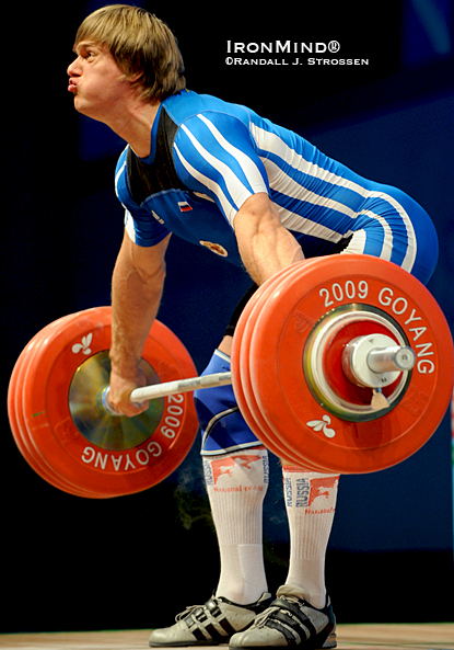 lapikov-191_lg Dmitri Lapikov (Russia) smoked this 191-kg snatch in the 105s at the 2009 World Weightlifting Championships.  Using straps wisely in training helps increase your top lifts in competition.  IronMind® | Randall J. Strossen photo.