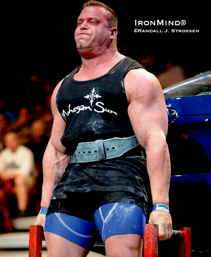 Louis-Philippe Jean on the deadlift at the Giants Live - Mohegan Sun strongman contest earlier this year.  IronMind® | Randall J. Strossen photo.