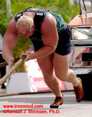 With the size and strength of his arms, when Magnus Samuelsson digs in on the truck pull, it's as if he has 4-leg drive, which might be why he won this event in the 2004 MET-Rx World's Strongest Man contest. IronMind® | Randall J. Strossen, Ph.D. photo.