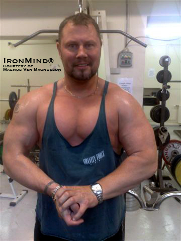 From World’s Strongest Man to masters’ bodybuilding?  Four-time World’s Strongest Man winner Magnus Ver Magnusson hits a pose in the gym last week.  IronMind® | Photo courtesy of Magnus Ver Magnusson.
