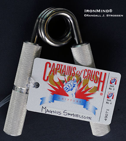 You can mash this and squash that, but getting certified on the hardest Captains of Crush® grippers is what tells the world that you are among the grip-strength elite, the men with the world’s strongest hands.  IronMind® | Randall J. Strossen photo. You can mash this and squash that, but getting certified on the hardest Captains of Crush® grippers is what tells the world that you are among the grip-strength elite, the men with the world’s strongest hands.  IronMind® | Randall J. Strossen photo.