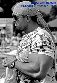 Manfred Hoeberl and his two-foot arms: In 1994, IronMind® sent its ace MILO team over to Scotland to cover the European Muscle Power Championships and the World Muscle Power Championships - it was another IronMind® first and a wave of interest in strongman followed. Dashing, outgoing and a top performer, Manfred Hoeberl immediately impressed us as he won both contests. IronMind® | Randall J. Strossen, Ph.D. photo. 