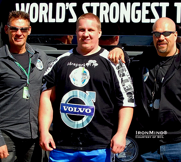 SCL founders Marcel Mostert (left) and Ilkka Kinnunen (right) flank SCL season champion Andrus Murumets (center).  Incidentally, Mostert calls Andrus Murumets Mr. Grip for good reason: Andrus Murmets is one of only three men in history to have certified on at the Captains of Crush No. 3, No. 3.5 or No. 4 gripper and held the world record on the Rolling Thunder.  In case your eyes swept over it, take a look at Andrus’ right forearm.  IronMind® | Courtesy of SCL.