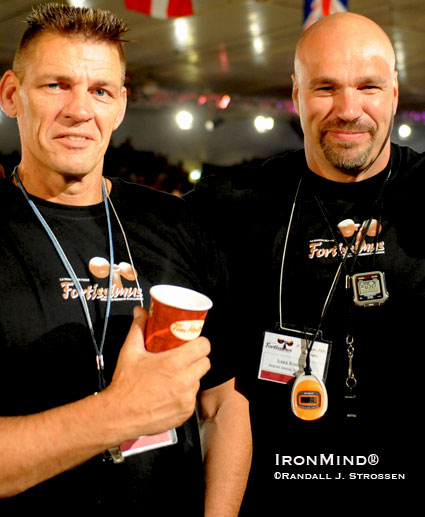 Marcel Mostert (left) and Ilkka Kinnunen (right) - the founders of Strongman Champions League, armed with caffeine, stop watches and whistles - ready to referee at Fortissimus earlier this year.  IronMind® | Randall J. Strossen photo.