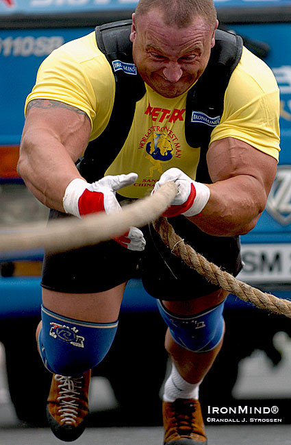 5X World’s Strongest Man winner Mariusz Pudzianowski told IronMind® that he’s not quite ready to hang up his harness yet. IronMind® | Randall J. Strossen photo. 5X World’s Strongest Man winner Mariusz Pudzianowski told IronMind® that he’s not quite ready to hang up his harness yet. IronMind® | Randall J. Strossen photo.