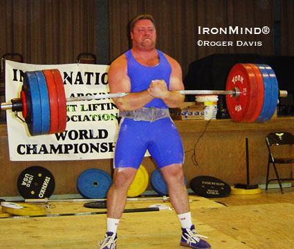 “Mark Haydock completing the big Zercher needed to win the overall competition and bring home the bacon,” said Roger Davis.  Mark is around 125 kg, and the lift was, I believe, 235 kg.  Mark did make an attempt at 250 kg also, but it was not to be.”  IronMind® | Roger Davis photo.