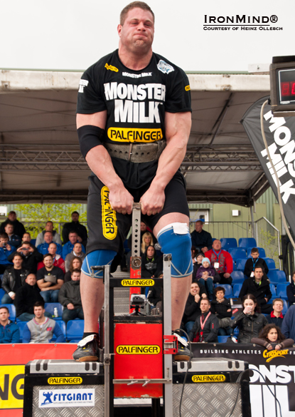 Martin Wildauer shown on the Bavarian Deadlift: “He won it now four years in a row,” Heinz Ollesch told IronMind.  “With 325 kg, [he] pulled [it] up to 100 cm.”  IronMind® | Photo courtesy of Heinz Ollesch.