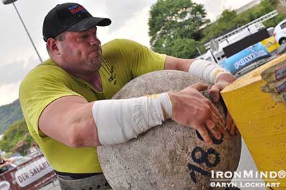 Martin Wildauer loading the 180-kg stone at the Austrian Giants strongman contest.  IronMind® | Photo by Aryn Lockhart.
