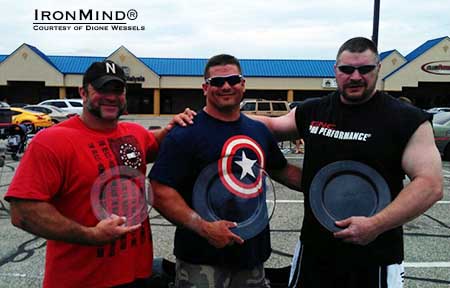 Left to right: Brad Dunn, Chad Coy and Karl Gillingham were third, first and second, respectively, at Chad Coy’s Master’s America’s Strongest Man contest yesterday.  IronMind® | Courtesy of Dione Wessels.