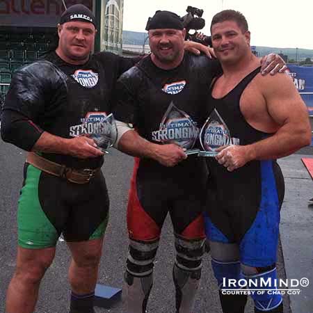 (Left to right): Antanas Abrutis, Mike Saunders and Chad Coy finished third, first and second, respectively, at the 2013 Masters World’s Strongest Man contest organized by Glenn Ross in Northern Ireland.  IronMind® | Courtesy of Chad Coy