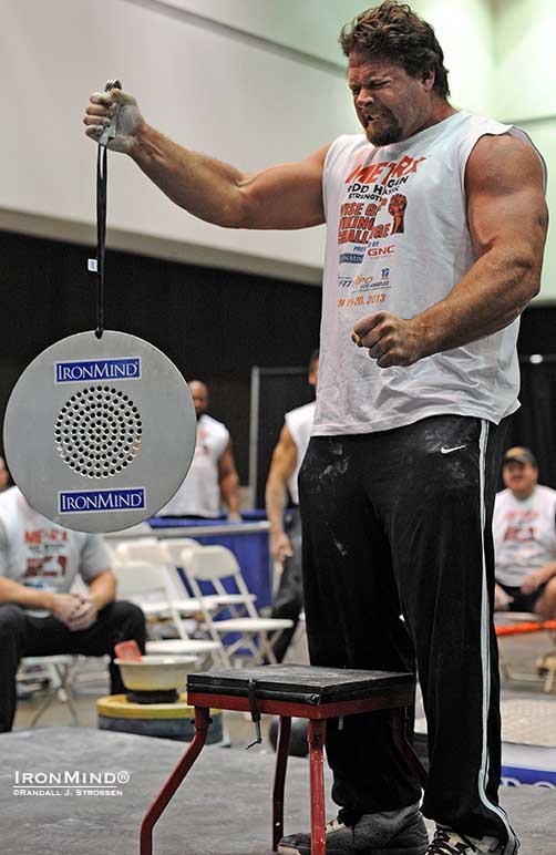 Wondering if you’ll ever close a Captains of Crush No. 3 gripper?  Mike Burke held the CoC Silver Bullet for a whopping 53.97 seconds, for a new world record.  Burke produced a sensational performance in the Visegrip Viking contest at the 2013 LA FitExp and he’ll be at IronMind Record Breakers at the NorCal FitExpo, facing the two men whose world records he broke in Los Angeles earlier this year—Alexey Tykulov and Rich Williams.  IronMind® | Randall J. Strossen photo.  