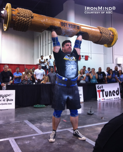 Mike Caruso hits hits a 410-lb. Log Lift at the Olympic Strongman Challenge.  IronMind® | Courtesy of ASC/Dione Wessels.