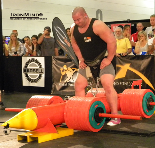 Mike Jenkins (above) and Nick Best tied in Giant Red Rocket Lift, both succeeding with 1150 to jointly hold the hip lift world record, Bill Lyndon reported to IronMind.  IronMind® | Photo courtesy of Aussiepower.biz.