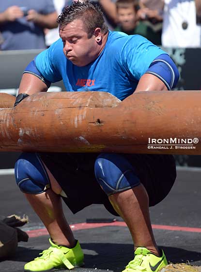 Mike Jenkins about to pop a 220-kg log at the 2012 World’s Strongest Man contest.  IronMind® | Randall J. Strossen photo.