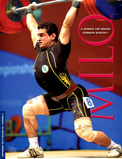85-kg Sourab Moradi (Iran) cleaned and jerked this huge 216-kg at the Asian Weightlifting Championships, earning him cover guy status for the September 2012 issue of MILO: A Journal For Serious Strength Athletes.  Randall J. Strossen photo.