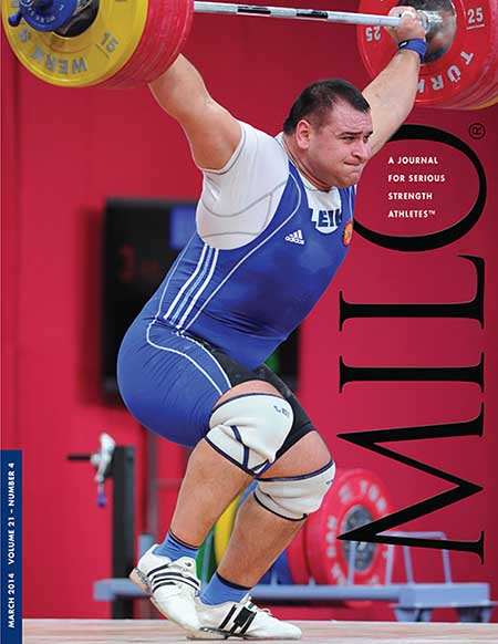 "The go-ahead lift in the +105-kg category at the 2013 World Weightlifting Championships: it turned out that this 209-kg snatch gave Ruslan Albegov (Russia) the margin he needed for victory over a hard-charging Bahdor Moulaei (Iran).  Albegov got the weight overhead strongly, but then he had to take two quick steps forward to save the lift as he stood up."  MILO: A Journal For Serious Strength Athletes, March 2014 (Volume 21, Number 4).  IronMind® | ©Randall J. Strossen photo  