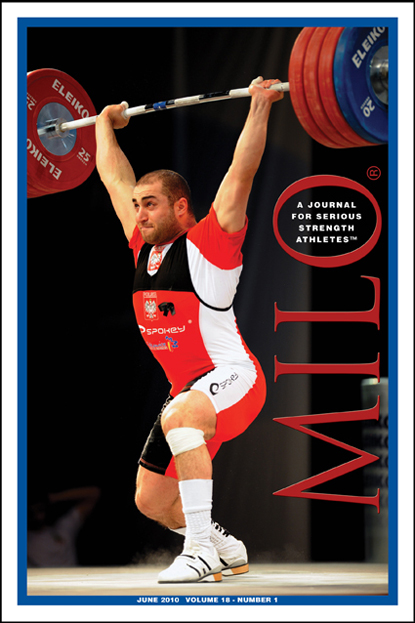 MILO: A Journal For Serious Strength Athletes.  Arsen Kasabijew (Poland) finishes off this 217-kg clean and jerk at the 2010 European Weightlifting Championships.   IronMind® | Randall J. Strossen photo.