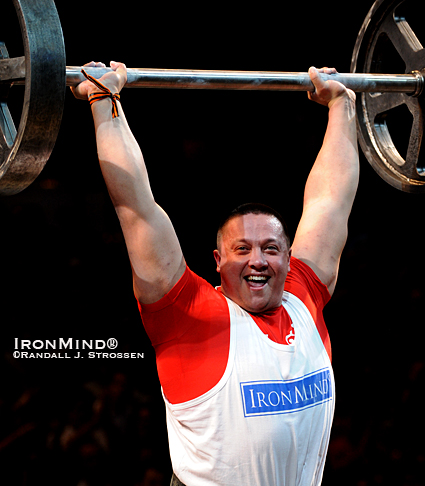 He’s strong at just about everything and tonight, Russian strongman Misha Koklyaev is going to put on quite a show in Glasgow.  IronMind® | Randall J. Strossen photo.