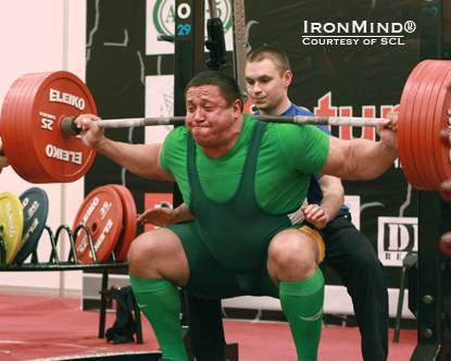 Mikhail (Misha) Koklaev squatted 340 kg on his way to winning the raw WPC European Championships.  IronMind® | Photo courtesy of SCL.