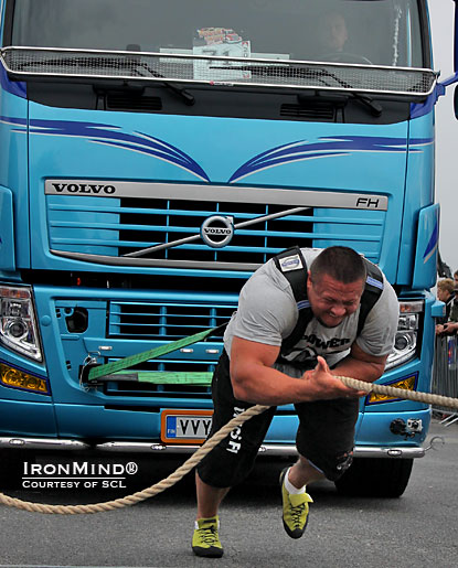 Misha Kokylaev won the truck pull at SCL–Finland and pressured Zydrunas Savickas to the very end of the contest—coming in second to the Big Z marked a big return to strongman for Koklyaev.  IronMind® | Courtesy of SCL.