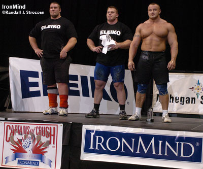 Coming into the 2008 Mohegan Sun Grand Prix, Derek Poundstone had said that he was the man to beat Mariusz Pudzianowski, but not many people believed him.  Time would prove Poundstone right, as he won; Pudzianowski was second and Terry Hollands was third.  IronMind® | Randall J. Strossen photo.