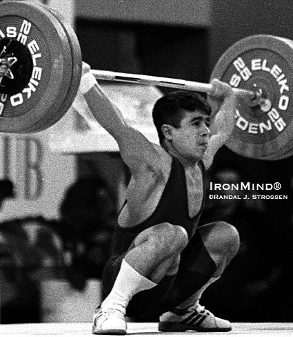 Halil Mutlu nailed this 130-kg snatch while competing in the 54-kg bodyweight class at the 1995 World Weightlifting Championships (Guangzhou, China).  IronMind® | Randall J. Strossen photo.