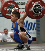 Lifting in the 62-kg category, Halil Mutlu (Turkey) nailed this 140-kg snatch at the 2005 European Weightlifting Championships (Sofia, Bulgaria). IronMind® | Photo by Randall J. Strossen, Ph.D.