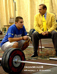 Norik (left) and Yurik Vardanian (right) in the training hall at the 2005 World Weightlifting Championships (Doha, Qatar). IronMind® | Randall J. Strossen, Ph.D. photo.