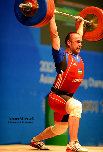 Making his 220-kg opener in the clean and jerk was all Ruslan Nuridinov needed to win the jerk and total at the Asian Weightlifting Championships.  IronMind® | Randall J. Strossen photo.