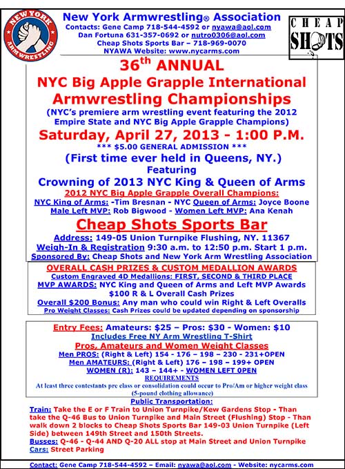 Got a strong arm?  Put it to good use at the 36th Annual Big Apple Grapple on April 27 at Cheap Shots Sports Bar in Flushing, New York.  IronMind® | Image courtesy of NYAWA.