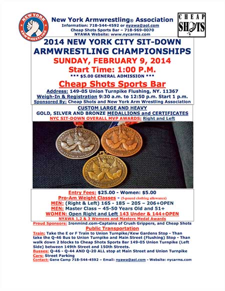 For 37 years, New York Armwrestling Association (NYAWA) has been dedicated to producing the best in armwrestling, and on February 9th the NYAWA will host the NYC Sitdown Armwrestling Championships at Cheap Shots Sports Bar in Flushing.  IronMind® | Artwork courtesy of NYAWA