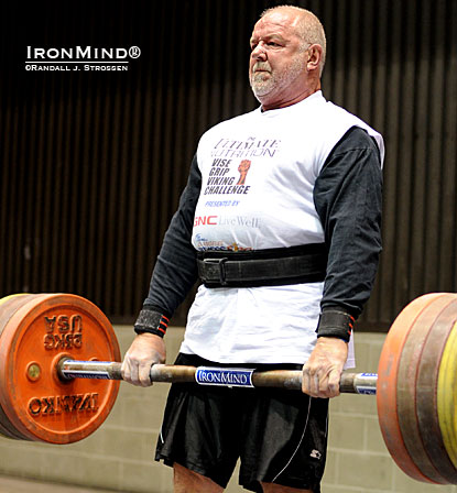 His beard is grey–his grip mighty–and on a age-adjusted basis, Odd Haugen is one of the baddest strongman competitors on the planet.  IronMind® | Randall J. Strossen photo.