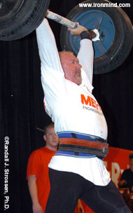 Odd Haugen uses a split jerk to lift the specially-fit IronMind® Apollon's Axle™ at the 2005 Fit Expo Strongman contest (Pasadena, California). IronMind® | Randall J. Strossen, Ph.D. photo.
