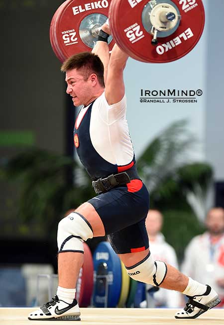 Oleg Chen (Russia)  jerked 176 kg to complete his gold medal sweep in the men’s 69-kg class.  IronMind® | Randall J. Strossen photo  