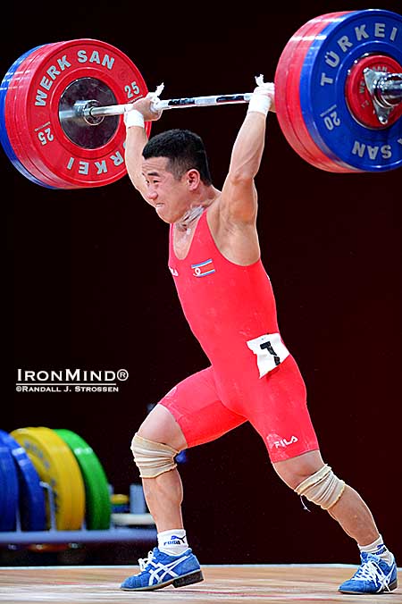 Om Yun Chol was recovering with this 170-kg clean and jerk when his left arm collapsed.  IronMind® | Randall J. Strossen photo