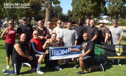 Francis Brebner (first row, left) organized a seminar followed by a Strength Games competition and the 2012 Orange County Rolling Thunder Championships, plus he helped referee an official attempt to close the Captains of Crush No. 3 gripper.  IronMind® | Photo courtesy of Francis Brebner.