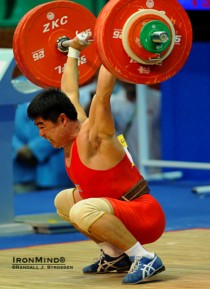 Would you believe that Pang Kum Chol (North Korea) saved this 192-kg jerk and that he had already won the gold medal in the 77-kg class at the Asian Games before taking this attempt?  IronMind® | Randall J. Strossen photo.