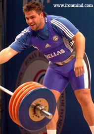 A happy camper, Dmitris Papageridis (Greece) won the +105-kg title at the Junior World Weightlifting Championships today. IronMind® | Randall J. Strossen, Ph.D. photo.