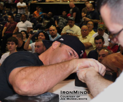 Paul Knight followed his victory in the pro class at the Ronnie Coleman Grip Challenge with such an impressive performance in the novice arm wrestling competition that he found it was a perfect way to recruit more grip strength enthusiasts.  IronMind® | Courtesy of Joe Musselwhite.