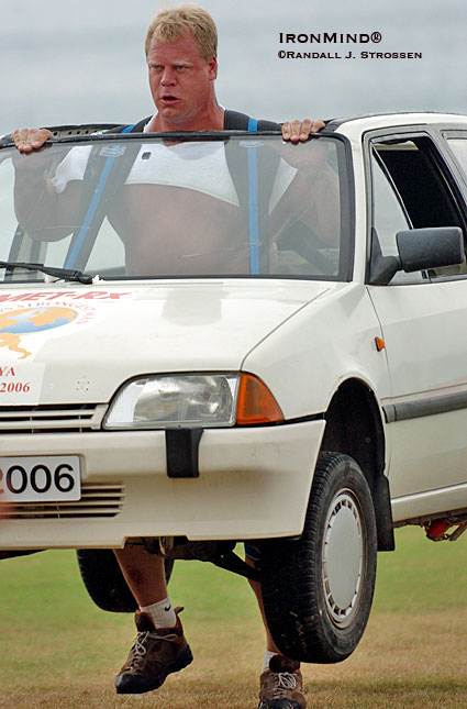 Pedal to the metal: Phil Pfister comes down the homestretch, closing in on the checkered flag, at the 2006 World's Strongest Man contest. IronMind® | Randall J. Strossen photo. Pedal to the metal: Phil Pfister comes down the homestretch, closing in on the checkered flag, at the 2006 World's Strongest Man contest. IronMind® | Randall J. Strossen photo.