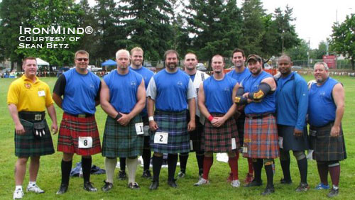 Here’s the a group photo from the 2010 Portland Highland Games, with the winner, Sean Betz, front and center.  There’s over a ton-and-a half of muscle squeezed into that shot.  IronMind® | Photo courtesy of Sean Betz.