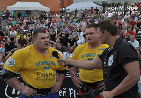 Vytautas Lalas (left) is on a hot streak in strongman, but Krzysztof Radzikowski (center) defeated Lalas and all other comers at the MHP Strongman Champions League contest in Czech this last weekend, taking the title as well as the overall series lead.  IronMind® | Photo courtesy of SCL.