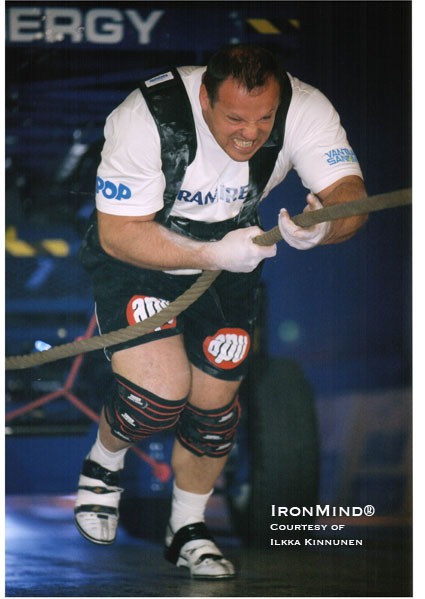Raimonds Bergmanis, shown competing in Finland in 2002, and Andis Linde, both of the Latvian Strongman Federation, held a strongman team championships in Riga, Latvia.  IronMind® | Photo courtesy of Ilkka Kinnunen.
