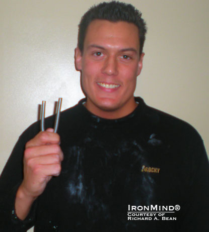 “I prefer to utilize a ‘Double Overhand’ style to bend as I feel the most comfortable and strongest in this style,” Richard Bean told IronMind.  Bean has just been certified on the IronMind Red Nail.  IronMind® | Courtesy of Richard A. Bean. 