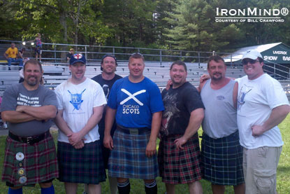 Left to right: Bill Crawford, Dave Barron, Mike Zolkiewicz (world record holder in 56-lb. weight for height), Mike Pockoski, Ron Hamelin, Kerney Smith, Sam Grammer (Rhode Island Highland Games Athletic Director).