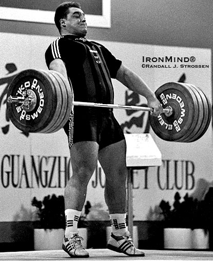 Germany’s Ronny Weller was a tremendous weightlifter - shown finishing the pull on his 197.5-kg gold medal snatch at the 1995 World Weightlifting Championships.  IronMind® | Randall J. Strossen photo.